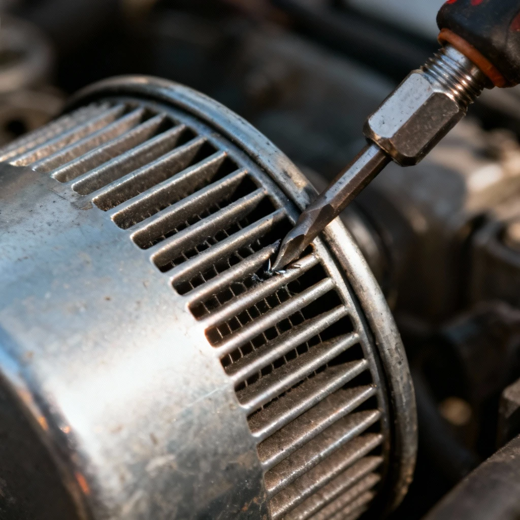 Duży śrubokręt posiada przebijający bok metalowego odpowietrzenia filtra oleju, kadr zbliżony na miejscu obwodowym z wyraźną fakturą metalu, oświetlenie punktowe.