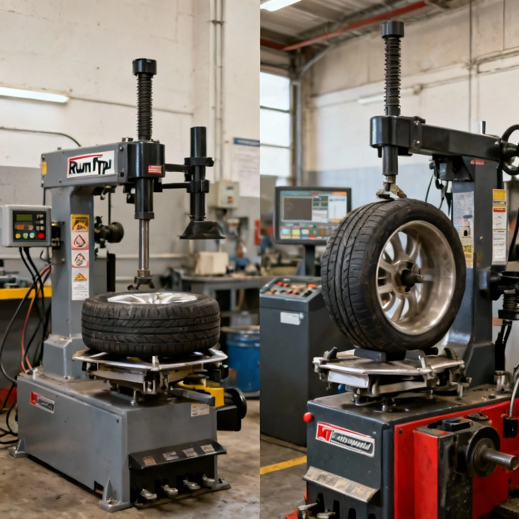 porównanie sprzętu wulkanizacyjnego różnych klas jakościowych: półautomat z funkcją RunFlat, profesjonalna maszyna automatyczna, widok techniczny bez osób