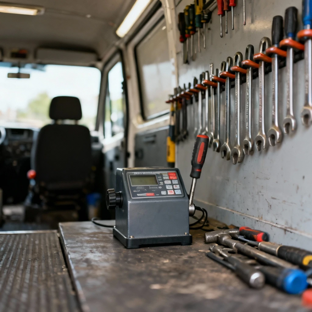 zorganizowana przestrzeń w furgonie wulkanizacyjnym: kompaktowa wyważarka, narzędzia na rzędzie uchwytów, przejrzysty układ bez bałaganu