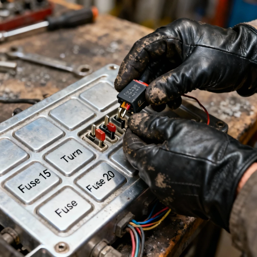 dwie dłonie w rękawicach montujące przerywacz kierunkowskazów w gniazdach skrzynki bezpieczników