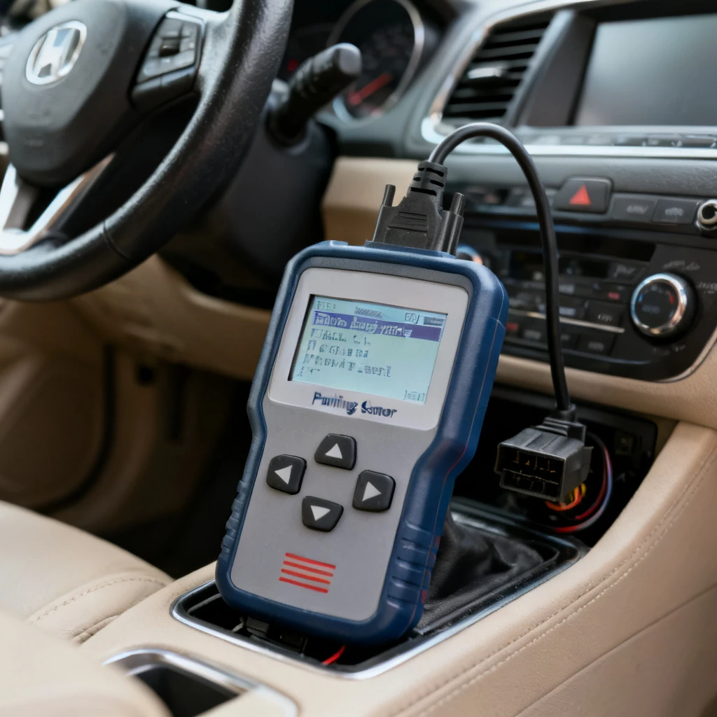 Skaner diagnostyczny OBD-II podłączony do portu w kabinie samochodu, ekran wyświetla kod błędu dot. czujnika parkowania, widoczna kierownica i deska rozdzielcza, naturalne oświetlenie, brak ludzi.