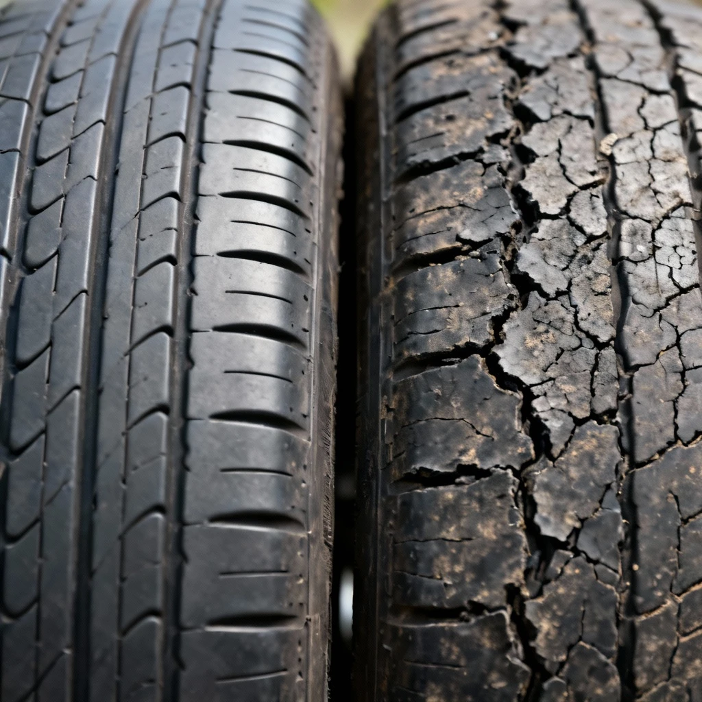 porównanie przekrojów nowej i starej opony samochodowej pokazujące różnice w elastyczności gumy, stare ogumienie z widocznymi mikropęknięciami i deformacjami