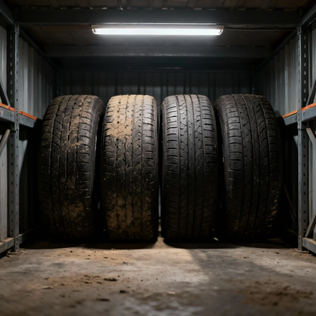 magazynowanie opon w profesjonalnym przechowalniku: cztery opony samochodowe ustawione pionowo w suchym, zaciemnionym pomieszczeniu z zachowaniem odstępów