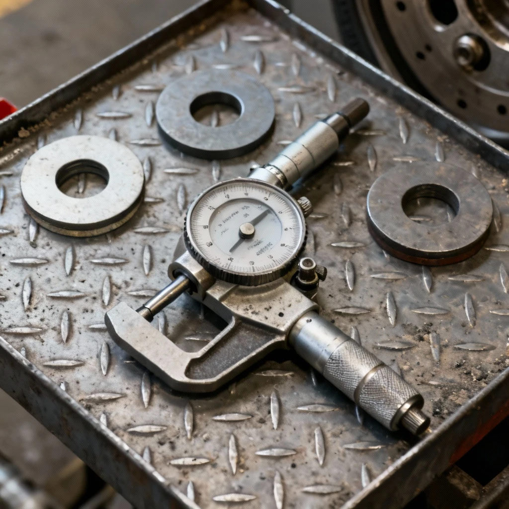 Profesjonalny zestaw pomiarowy do koła dwumasowego, w skład którego wchodzą mikrometry i podkładki kontrolne, ułożone na staliwarsztatowym żebrowanym blacie