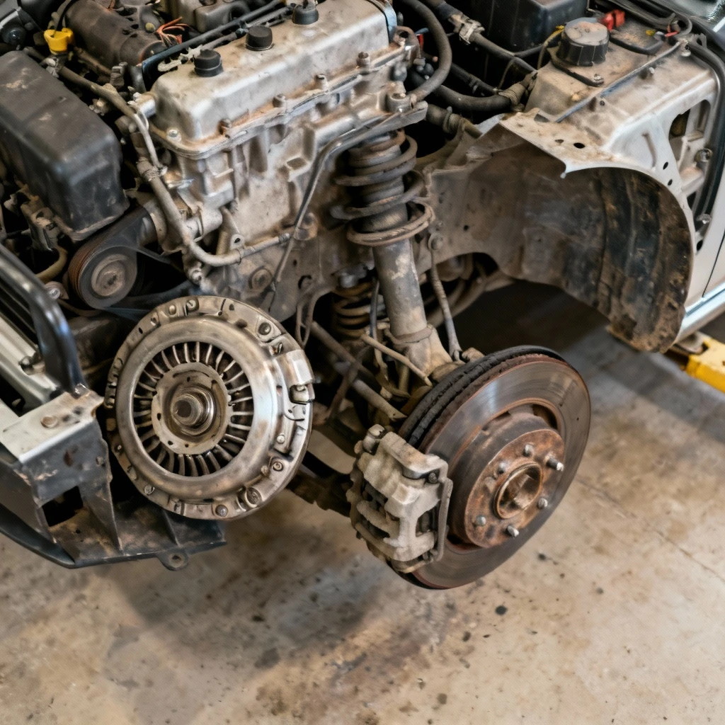 Fragment silnika i skrzyni biegów samochodu, z widocznym miejscem montażu koła dwumasowego, ujęcie z góry bez ludzi