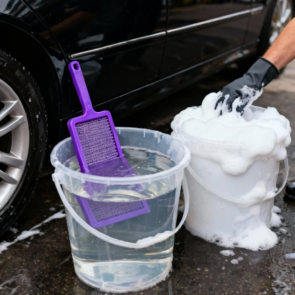 Dwie plastikowe wiadra stojące obok czarnego samochodu: w jednym wiadrze widać przejrzystą wodę z wystającym fioletowym sitkiem grit guard, w drugim białą, gęstą pianę. W oddali widać dłoń w rękawicy myjącej zanurzaną w wiadrze z pianą, bez pokazywania palców czy twarzy. Kadr na wysokości wiader, lekko zbliżony, z boku.