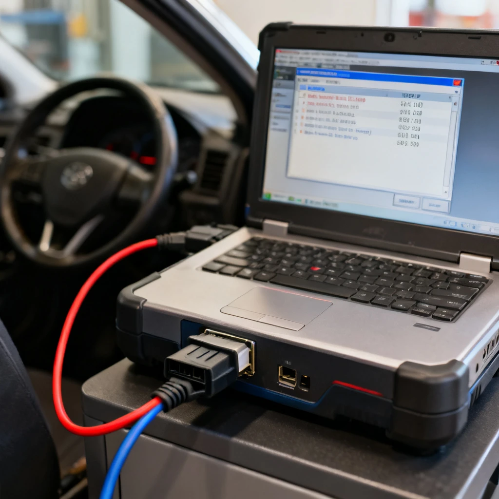 Nowoczesna stacja diagnostyczna z podłączonym interfejsem OBD2 do portu diagnostycznego samochodu. Na ekranie komputera widoczne okno oprogramowania diagnostycznego z odczytami błędów. Bez ludzi, napisów ani grafik. Kadr skoncentrowany na interfejsie i kablu.