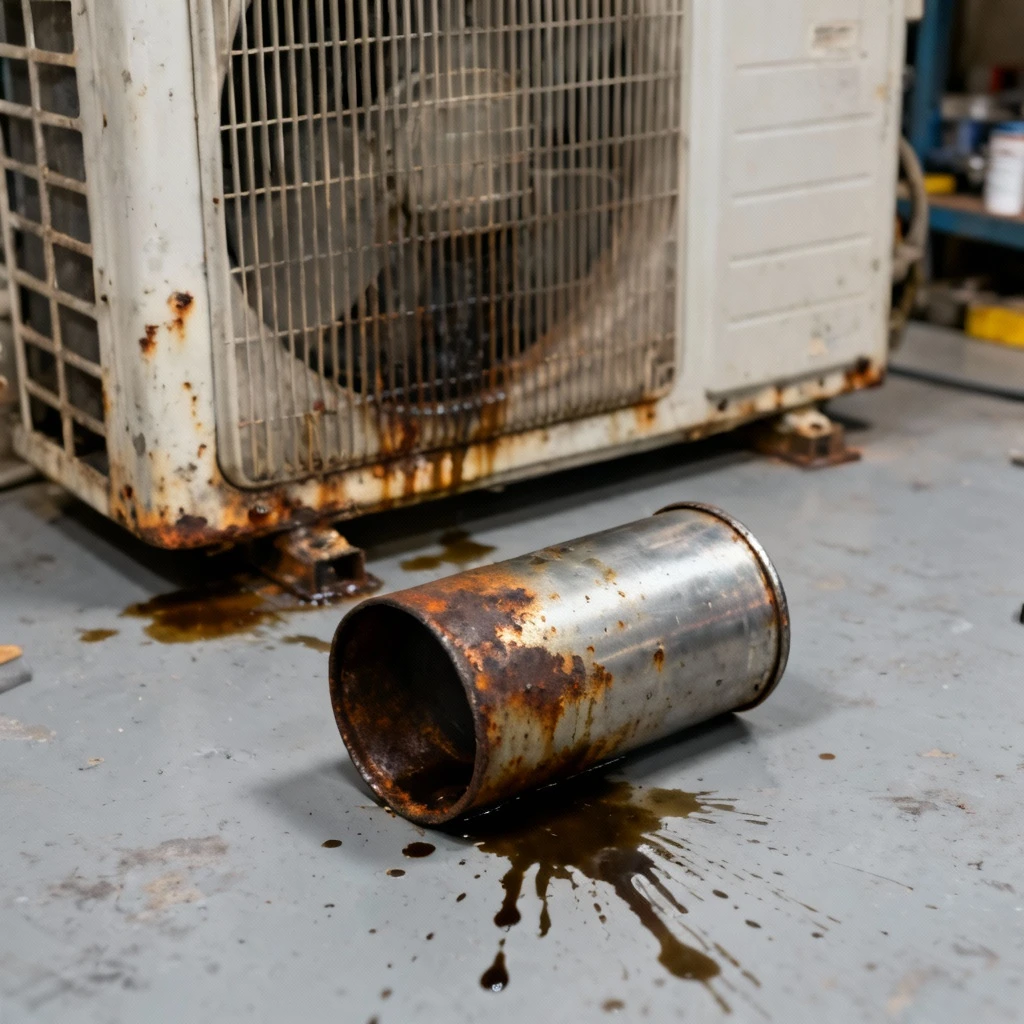 Zewnętrzny widok zużytego osuszacza klimatyzacji z widocznymi śladami korozji i wycieków. Metalowy cylinder o średnicy 6 cm z widocznymi plamami rdzy i śladami oleju, na jasnoszarym tle warsztatowym
