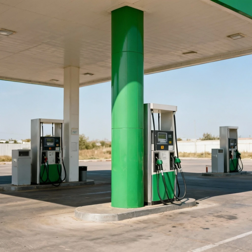 Dystrybutor LPG na stacji benzynowej z wyraźnie widoczną zieloną kolumną, panoramicznym widokiem na tle innych stojankowych pomp, słoneczny dzień bez ludzi