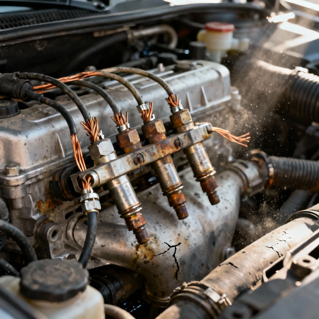 Sekwencyjny układ wtryskiwaczy gazowych zamontowany w komorze silnikowej nowoczesnego samochodu, zbliżenie na metalowe przewody i złącza na tle innych elementów silnika