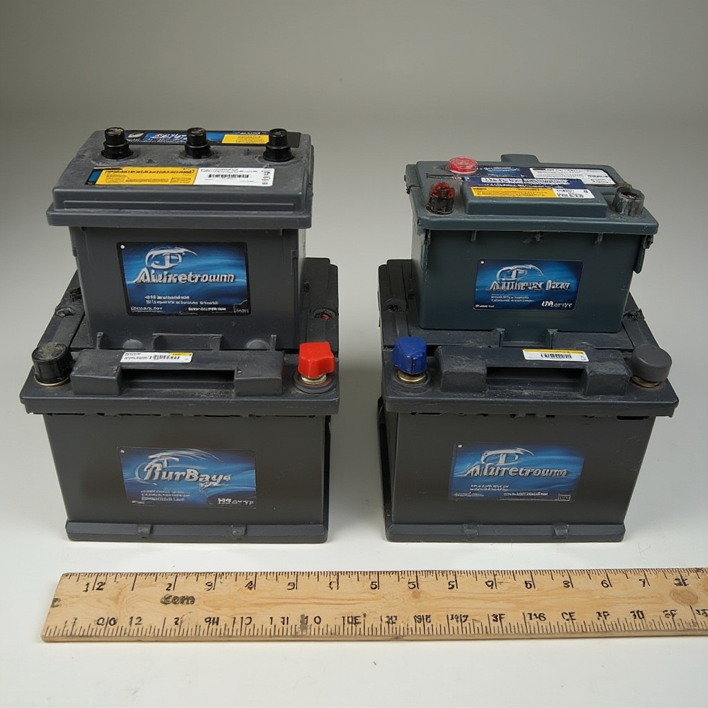 Porównanie rozmiarów różnych akumulatorów samochodowych ułożonych obok siebie, widok z boku z zaznaczoną skalą centymetrową