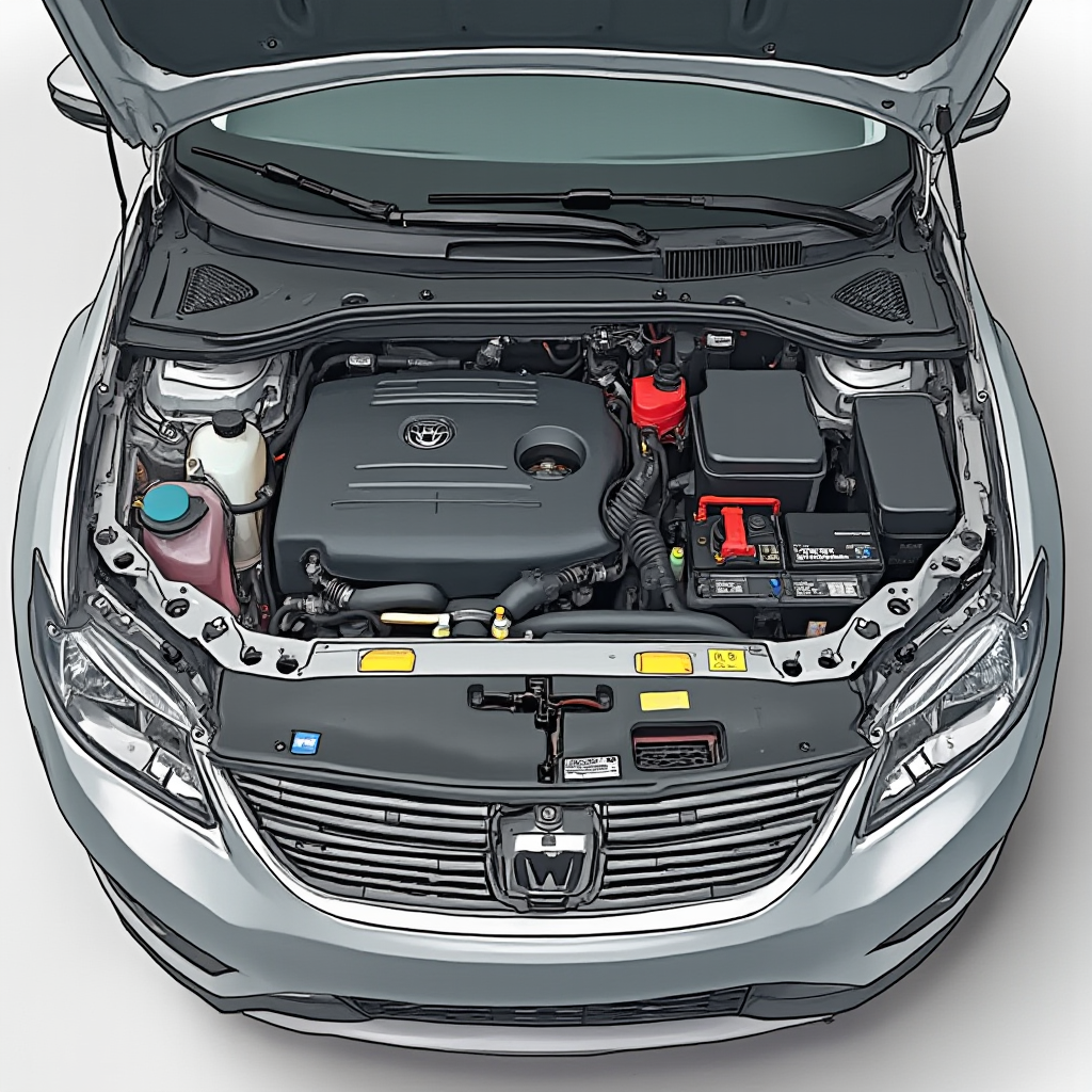 Schemat montażu akumulatora w komorze silnika, widok techniczny bez osób w kadrze, zaznaczone punkty mocowania