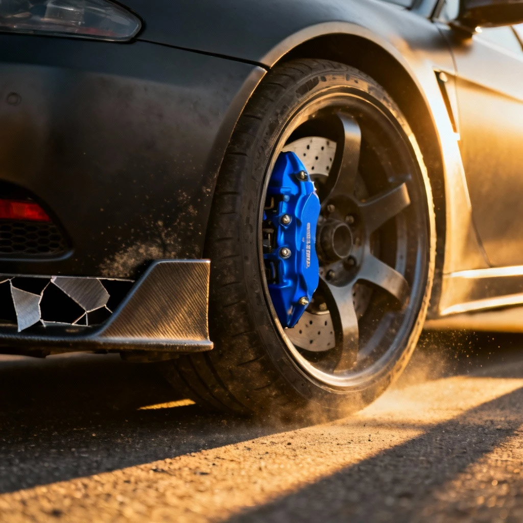 tylny zderzak sportowego czarnego samochodu wraz z fragmentem felgi, widoczne duże niebieskie zaciski hamulcowe oświetlone niskim słońcem, drobiazgowy kadr bez ludzi i tekstów