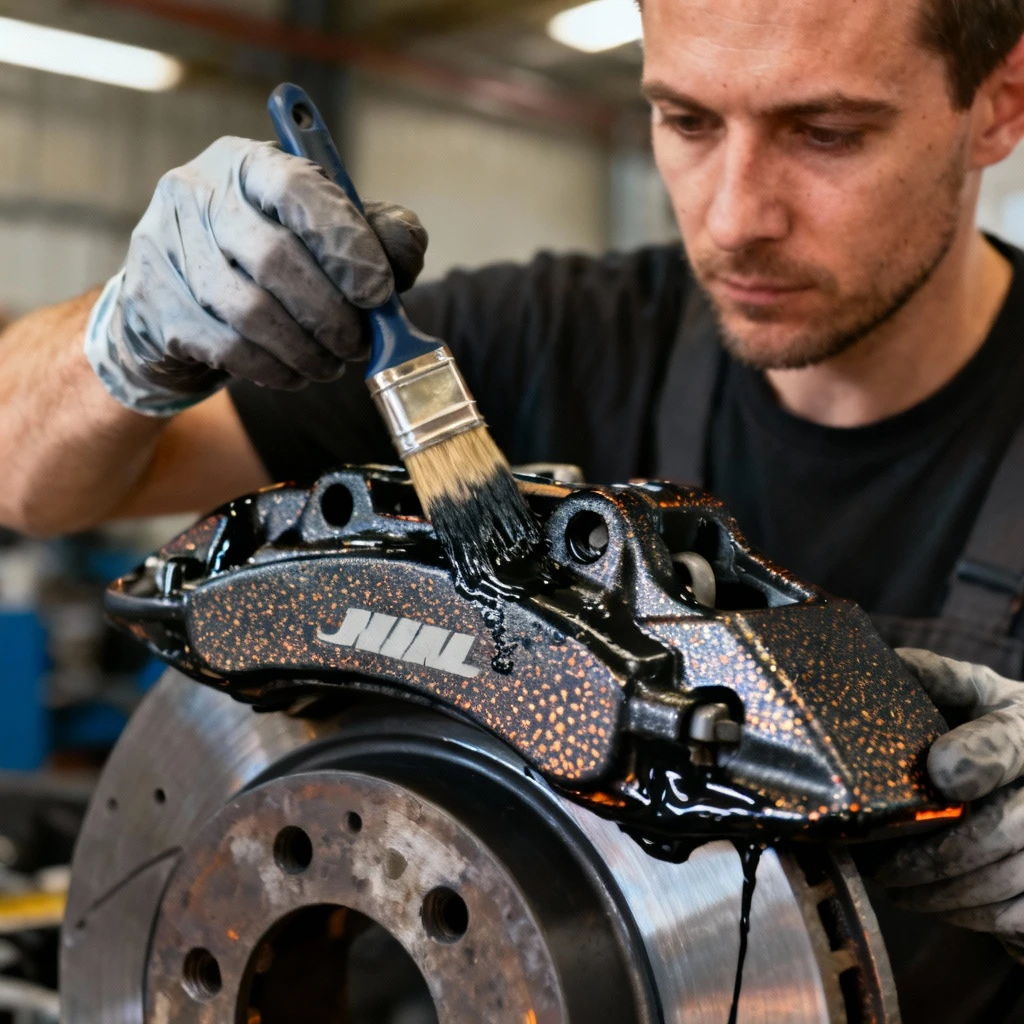 mężczyzna w rękawiczkach nakłada wysokotemperaturową farbę na zacisk hamulcowy za pomocą pędzla, wzór nanocząsteczkowy, zbliżenie na detale powierzchni, brak twarzy i napisów