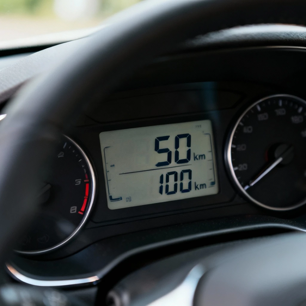 Licznik samochodowy pokazujący przebieg pomiędzy 50 a 100 kilometrów, widok zbliżeniowy na deskę rozdzielczą nowego auta, bez rąk kierowcy.