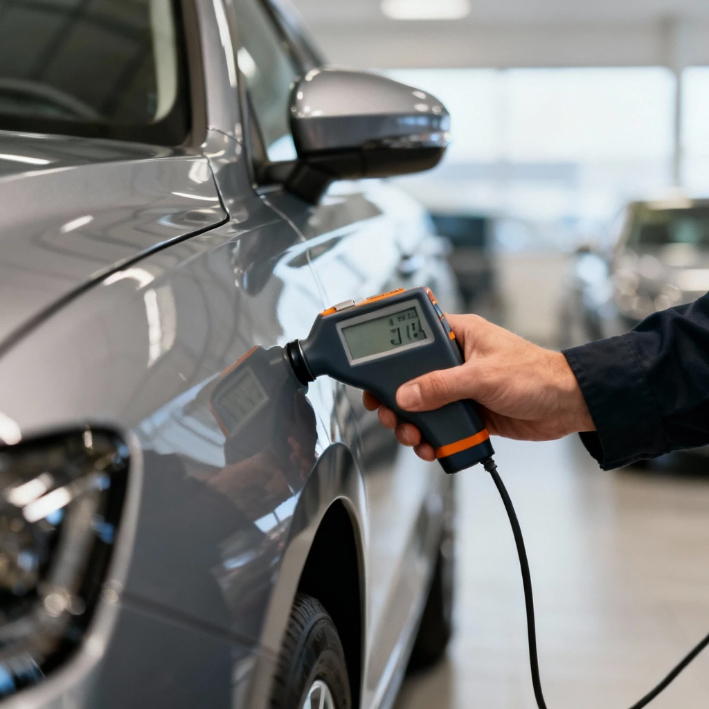 Kontroler jakości używający miernika grubości lakieru przy nowym samochodzie w salonie dealerskim, kadr skupiony na urządzeniu pomiarowym i karoserii, bez twarzy operatora.