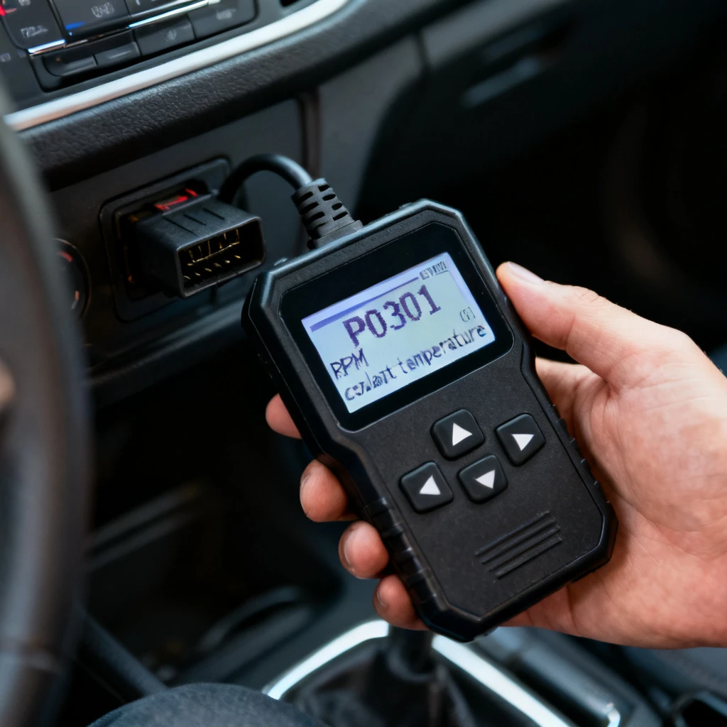 Ręka (niewidoczna) trzyma czarny skaner diagnostyczny podłączony do portu OBD-II w samochodzie. Na ekranie skanera widoczny jest odczytany kod błędu P0301 oraz parametry takie jak RPM i temperatura płynu chłodzącego. Kadr skupiony na urządzeniu i porcie, tło rozmyte – fragment deski rozdzielczej. Oświetlenie sztuczne, wnętrze samochodu. Żadnych ludzi, napisów ani diagramów.