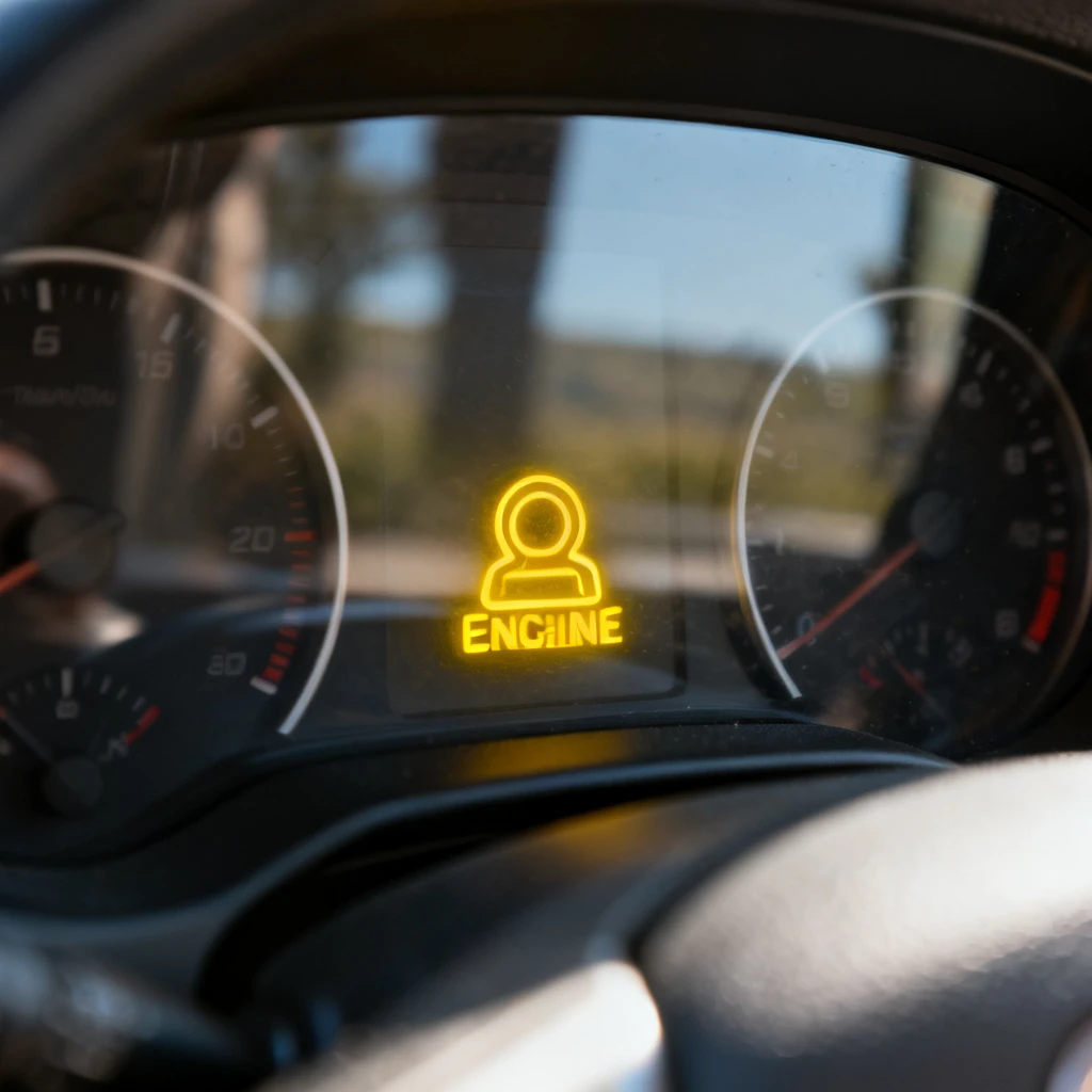 Poziome ujęcie deski rozdzielczej samochodu z widoczną kontrolką Check Engine w kształcie stylizowanego silnika, która świeci na żółto. Na tle za szybą widać rozmazany krajobraz. Brak ludzi. Kadr skomponowany tak, by kontrolka była centralnym punktem, otoczona innymi wskaźnikami (prędkościomierz, obrotomierz) – częściowo nieostre. Naturalne światło dzienne, wyraźne odbicia w szkle.
