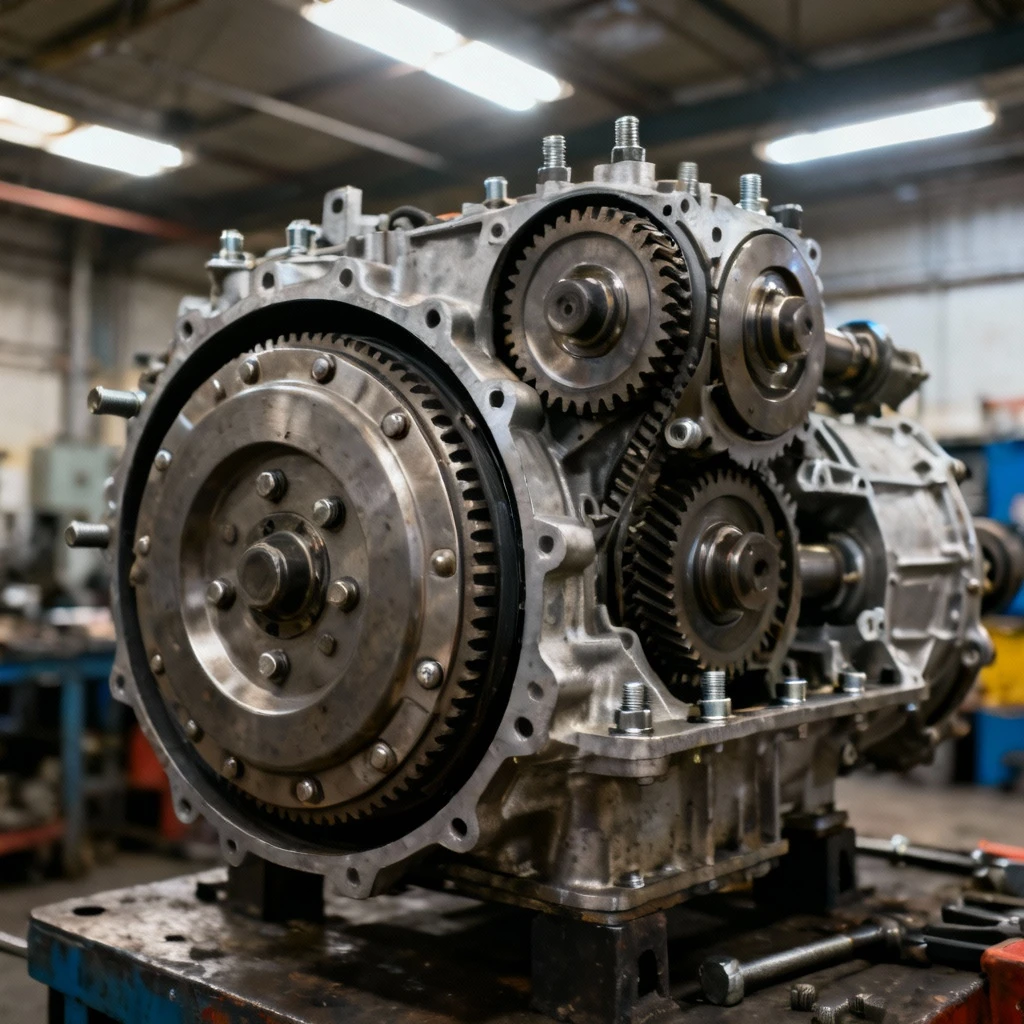 Modernistyczna wizualizacja przekładni mechanicznej z widocznym montażem koła dwumasowego - fotografia przemysłowa