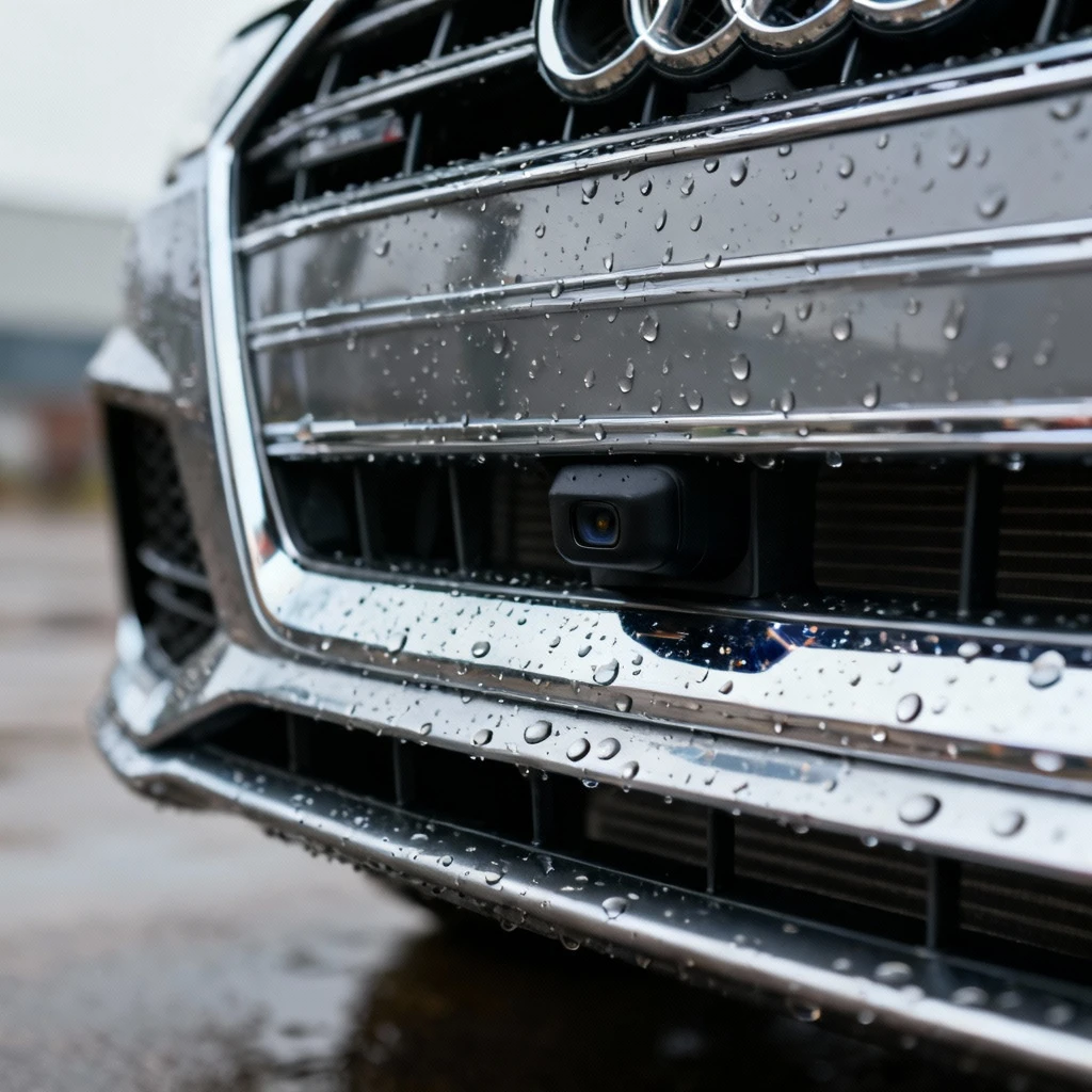 Front grille of modern Audi focusing on embedded radar sensor in lower bumper - realistic water droplets on chrome surface - shallow depth of field