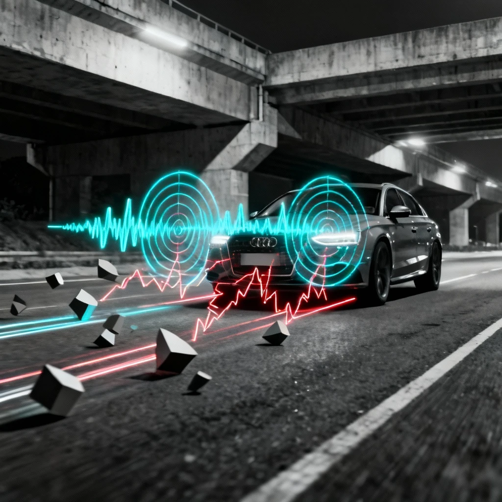 Artistic 3D visualization of radar wave patterns emitting from Audi vehicle on empty road - abstract obstacle representations with clear signal paths