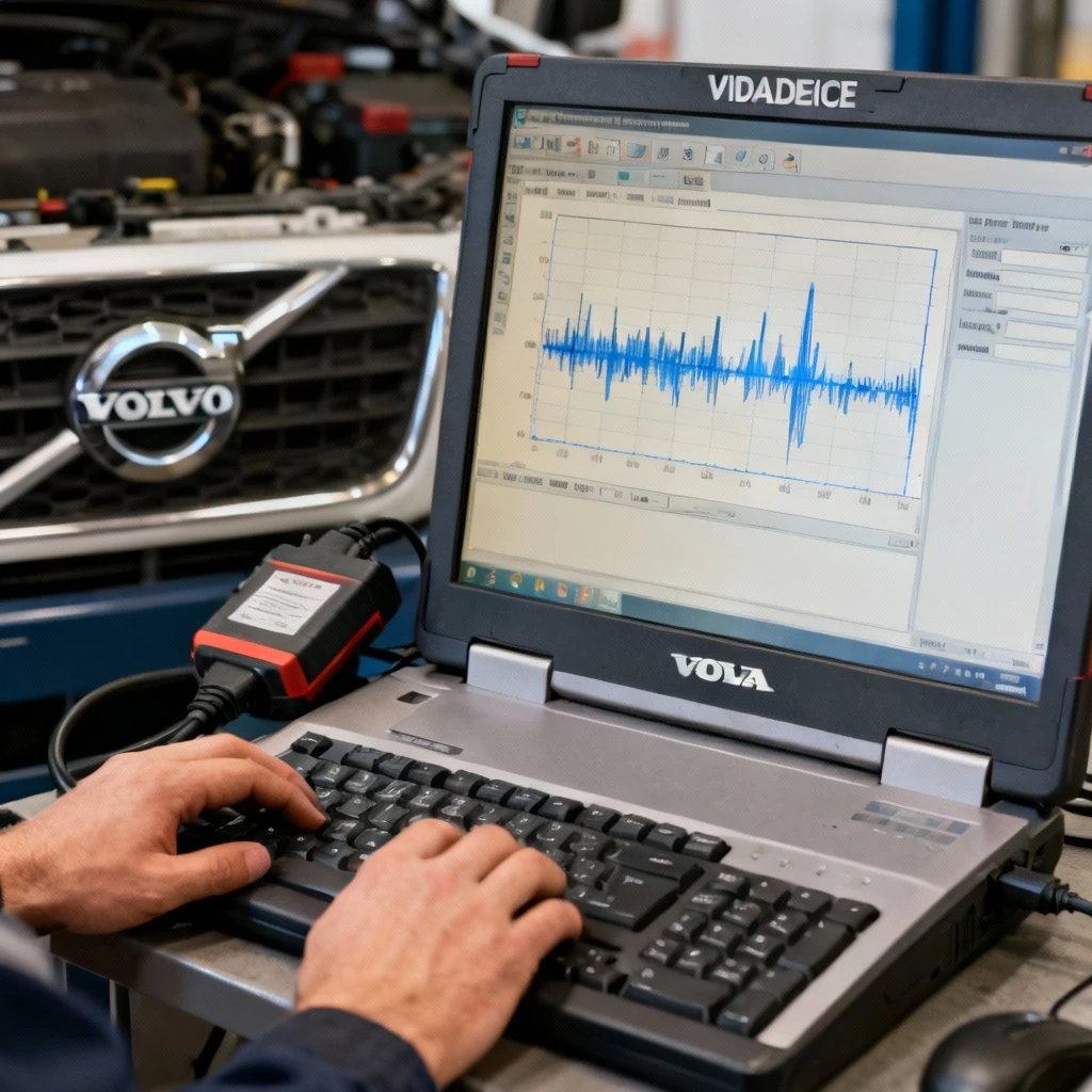 mechanik analizujący wykresy na ekranie komputera diagnostycznego VIDA/DICE podłączonego do Volvo. Kadr na dłonie przy klawiaturze i monitor z typowym interfejsem programu. Obrazowanie przebiegów czasowych bez danych osobowych.