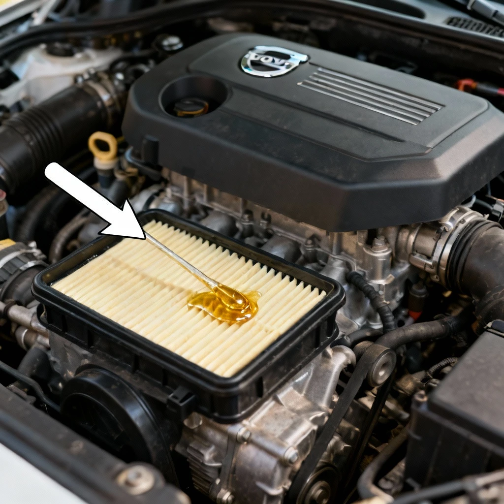 wnętrze silnika Volvo D5 z widoczną strzałką wskazującą czysty filtr powietrza i złocisty olej na bagnecie. Kadr na górną część jednostki napędowej z akcentami technicznymi. Żadnych napisów czy diagramów.