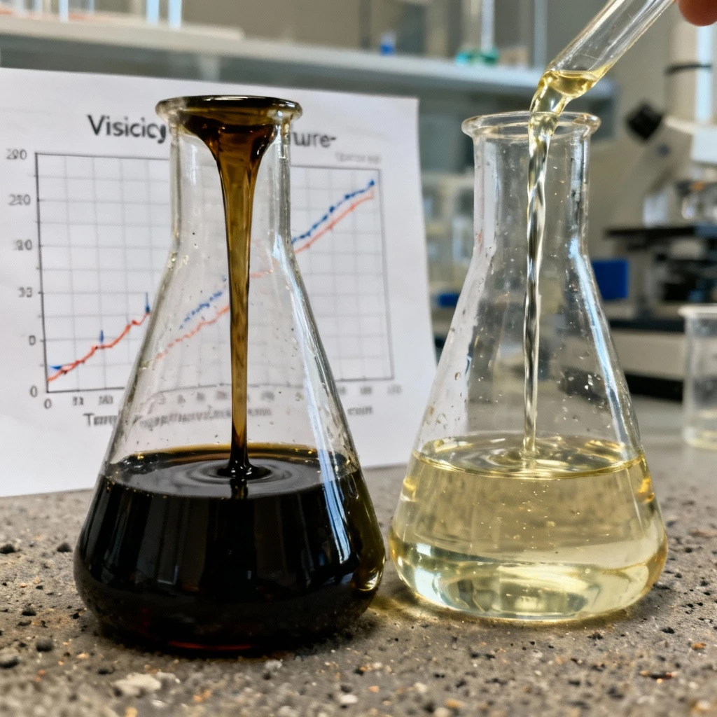 Laboratoryjne zestawienie dwóch kolb; lewa z gęstym, powoli przemieszczającym się ciemnym olejem, prawa z płynnym, szybko spływającym jasnym olejem; w tle wykres lepkości-temperatury