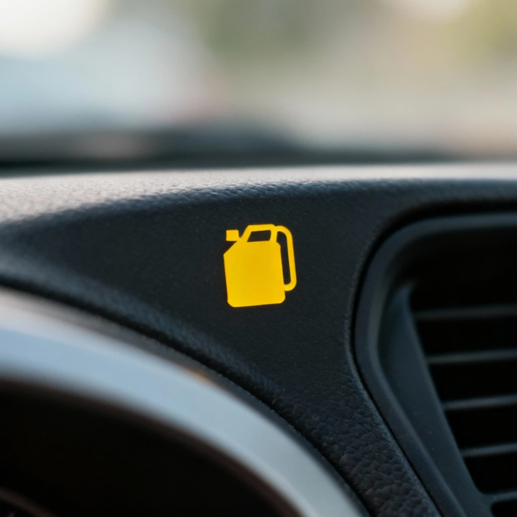 Symbol ostrzegawczy żółtej lampki ciśnienia oleju na desce rozdzielczej samochodu, z minimalistycznym tłem i efektem rozmycia