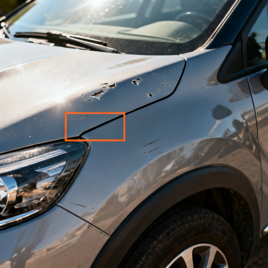 Kadr na powierzchnię maski i przedniego nadkola Renault Captur. Widoczne drobne zarysowania i odpryski lakieru na krawędzi maski. Ostre światło słoneczne podkreśla ubytki w lakierze. Brak ludzi, nacisk na strukturę i defekty powłoki lakierniczej.