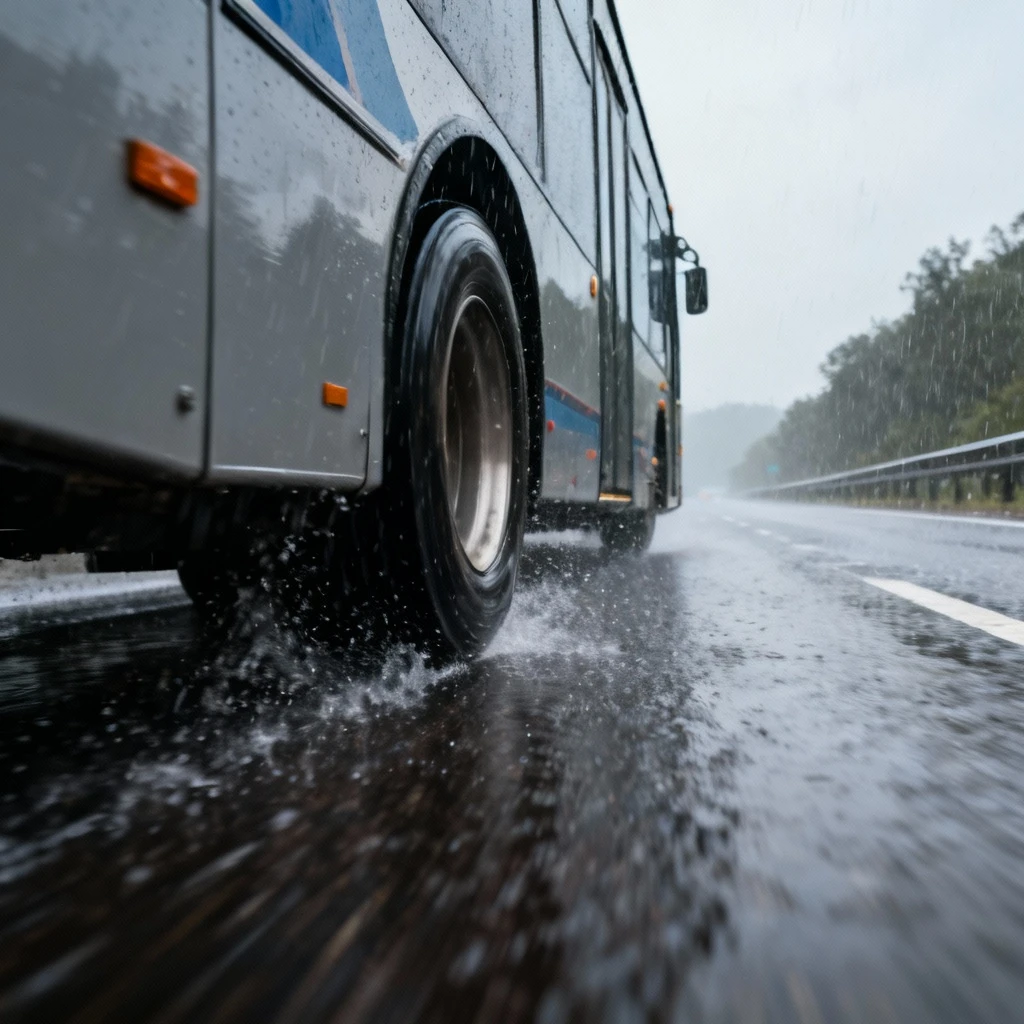 Bus poruszający się po mokrej autostradzie z wyraźnie widocznym kontaktem opon z nawierzchnią, deszczowa pogoda