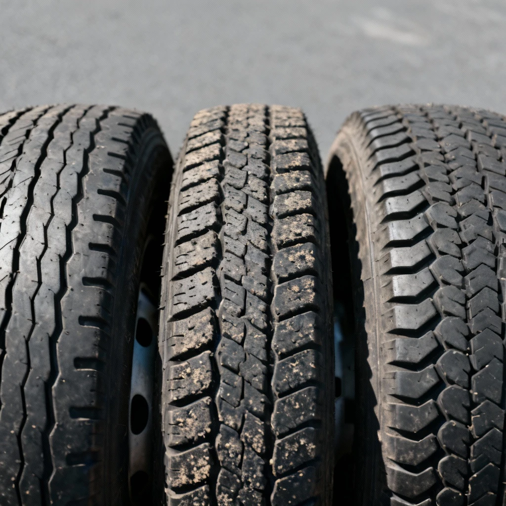 Zestawienie różnych wzorów bieżników opon dostawczych ułożonych obok siebie, widok z góry