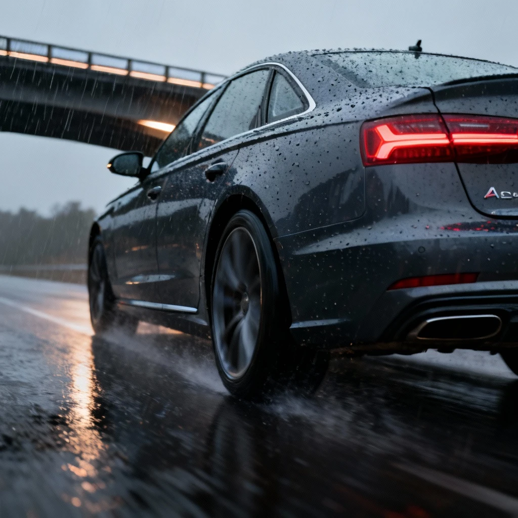 audi a6 quattro na mokrej drodze podczas deszczu, widoczne tylne koło w akcji trakcyjnej z wyróżnioną sylwetką tylnego mostu, fotografia z niskiej perspektywy bez ludzi i napisów