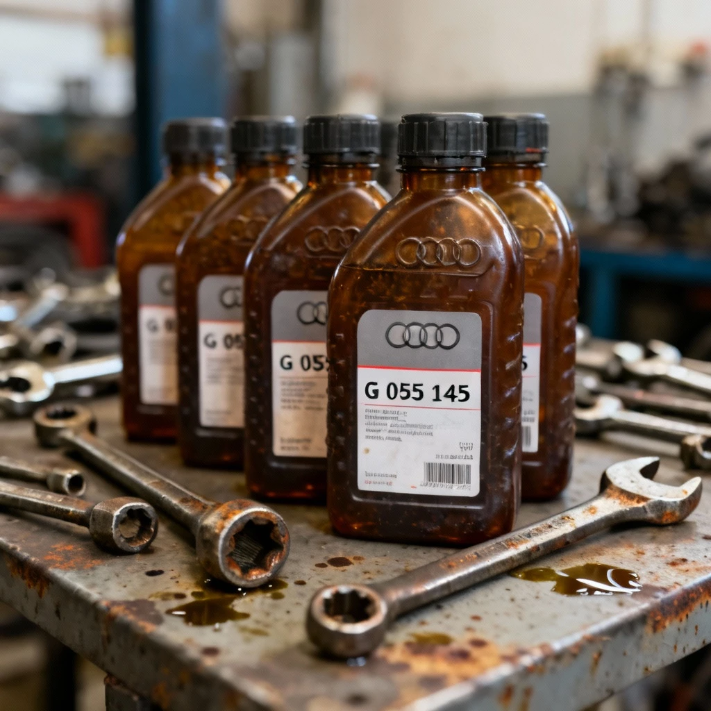 zestaw oryginalnych olejów przekładniowych audi w brązowych butelkach z widocznym kodem G 055 145, ustawiony na warsztatowym stole wśród kluczy nasadowych, ostrość na pierwszym planie