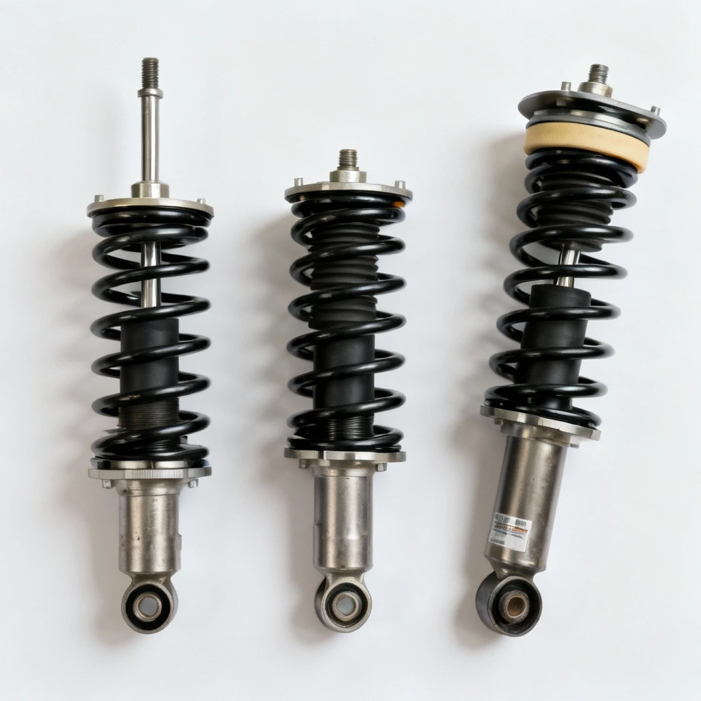 Schematyczne przedstawienie amortyzatora w trzech pozycjach: normalnej, częściowo ściśniętej i maksymalnie ściśniętej z aktywnym odbojem, na białym tle