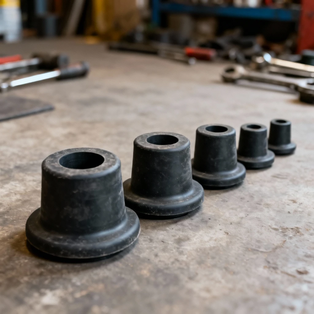 Zestaw nowych odbojów amortyzatora różnych rozmiarów ułożonych w rzędzie, pokazujących różnice w wysokości i średnicy otworu