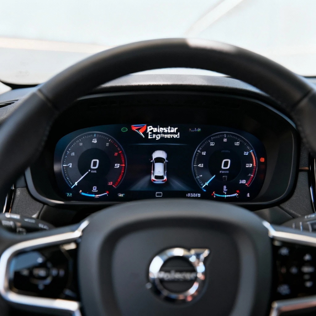 Kadr w niskiej perspektywie przedstawiający wyraźny ekran cyfrowy deski rozdzielczej Volvo podczas przyspieszania, ukazujący zmieniające się wartości prędkości i obrotów, wyraźnie wskazujący symbol 'Polestar Engineered' na wyświetlaczu. Jasne tło.