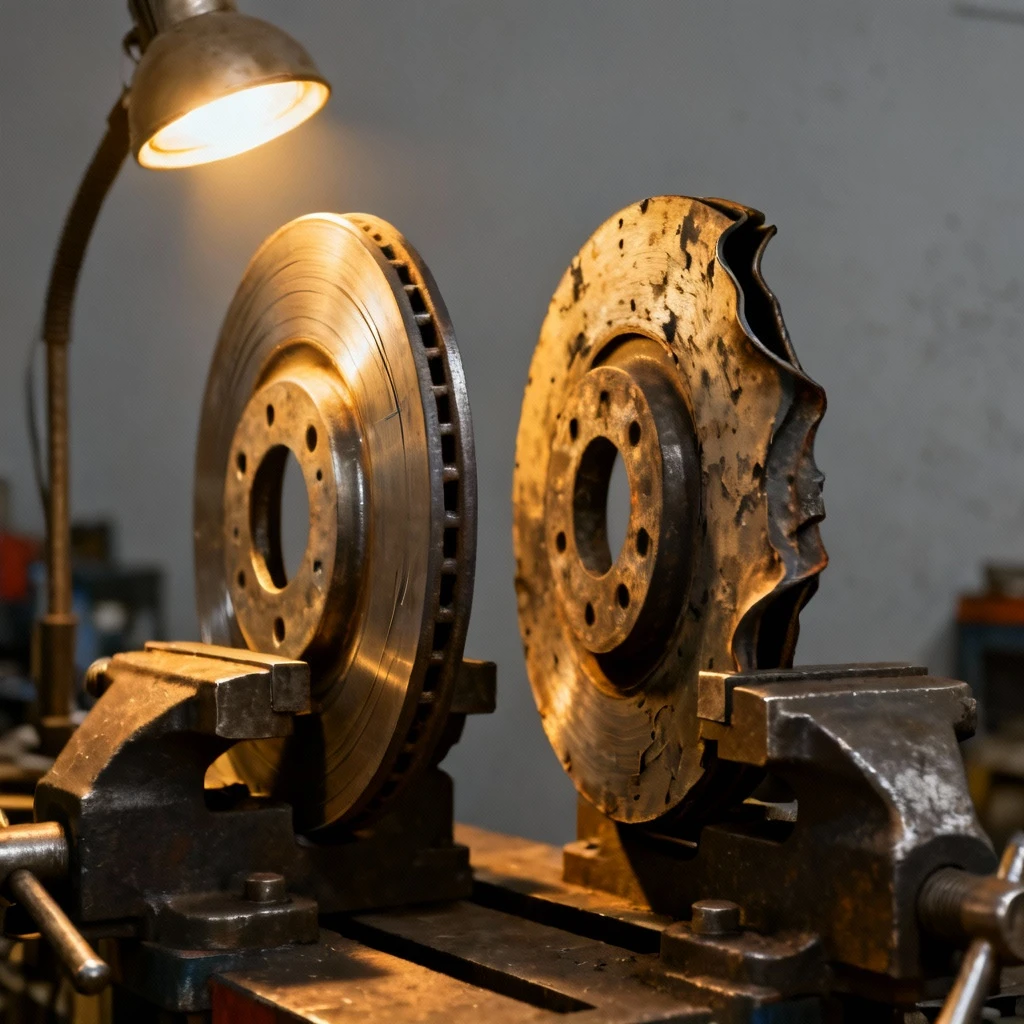 Porównanie zużycia dwóch tarcz hamulcowych po 40 tys. km - lewa oryginalna (minimalne rysy), prawa zamiennik AM (skrajne zużycie i skrzywienie), mocowanie w imadle, oświetlenie lampą punktową z boku