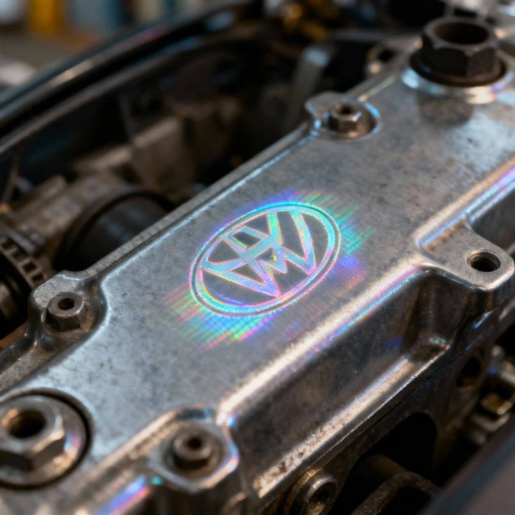 Wizualizacja holograficznego zabezpieczenia na oryginalnej części samochodowej w formie naniesionego laserowo logo producenta, powiększony detal z efektem optycznym 3D