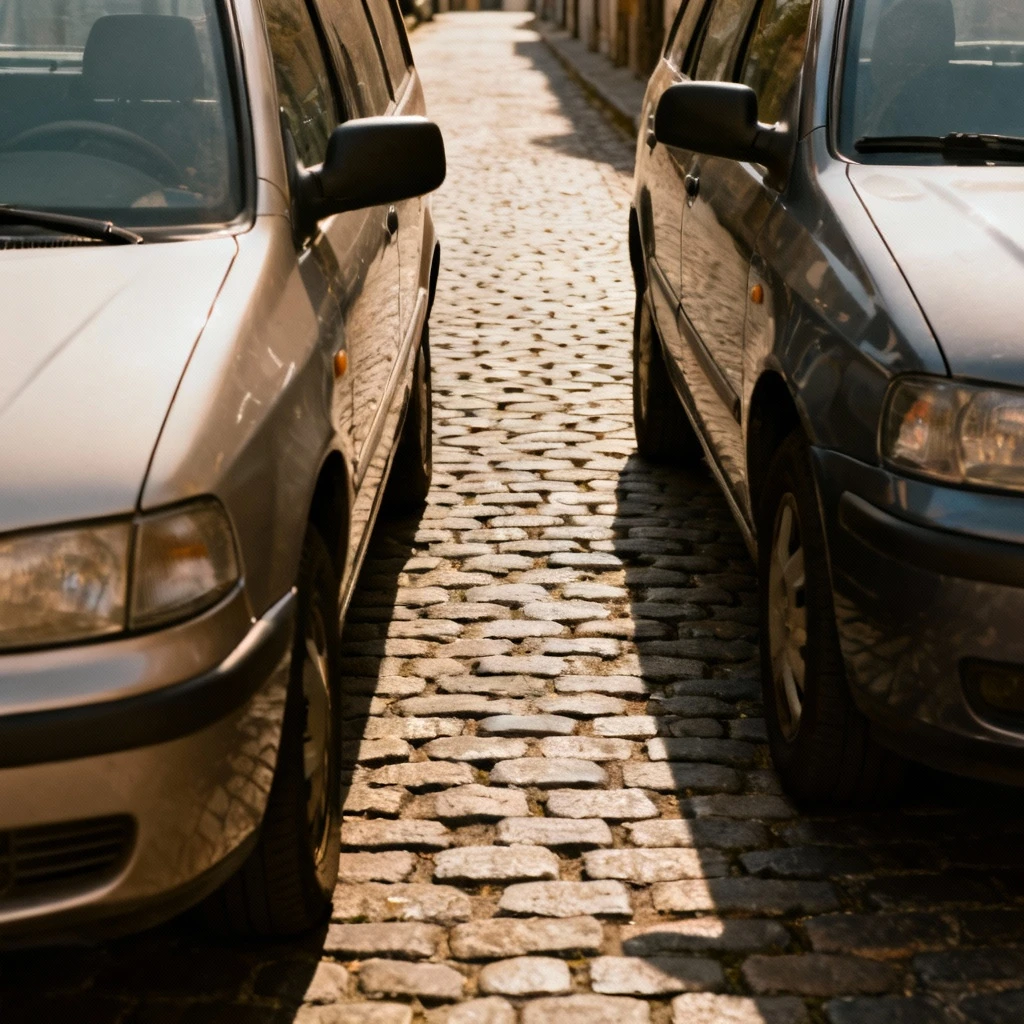 Dwa pojazdy zaparkowane równolegle na wąskiej ulicy o brukowej nawierzchni, z widocznym odpowiednim odstępem między autami; widok z boku ukazujący precyzyjny układ