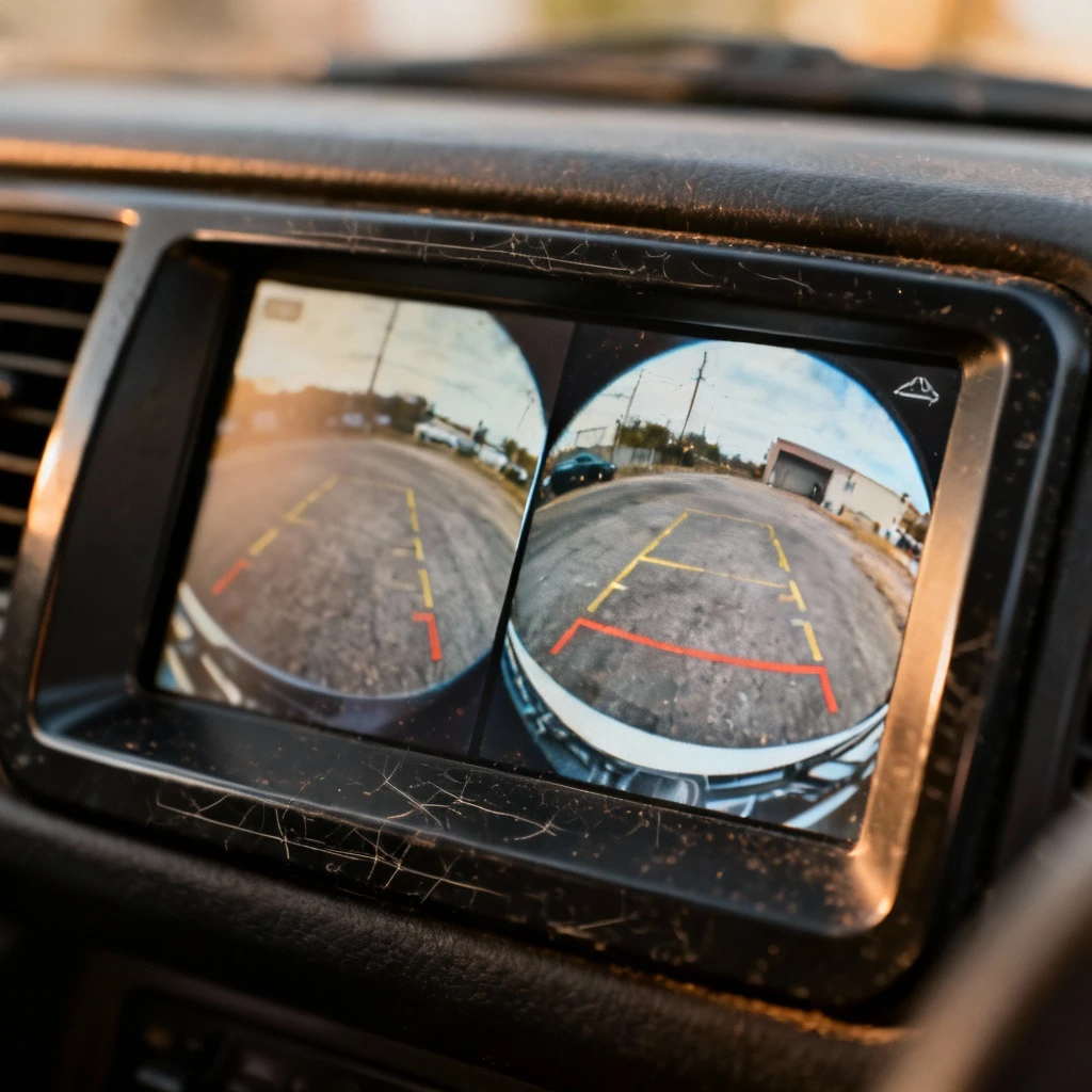 Detal użytą kamery cofania w desce rozdzielczej samochodu pokazującej pola widzenia przy parkowaniu; kadr skupiony na ekranie multimedialnym bez widocznych rąk