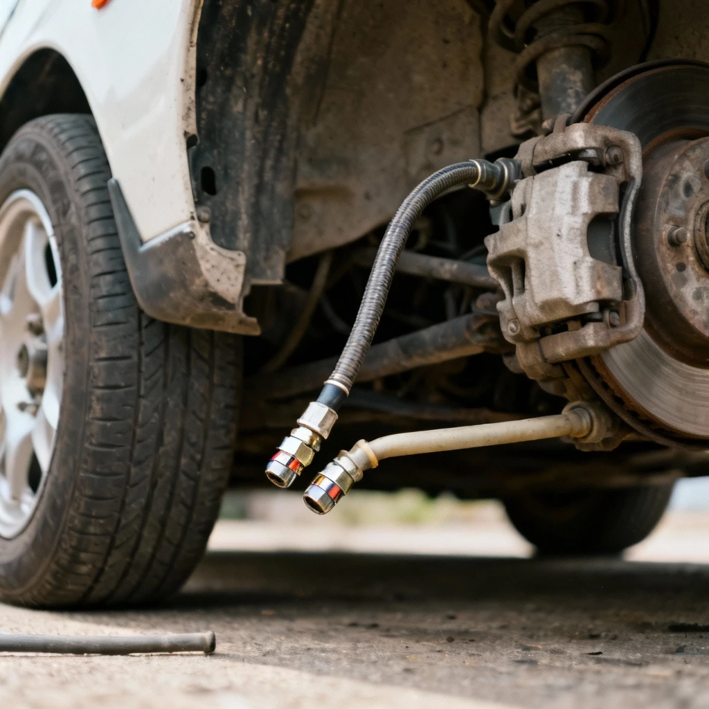 Widok od spodu samochodu ze zdjętym kołem, z widocznym elastycznym przewodem hamulcowym mocowanym do zacisku oraz sztywnej rurki. Kadr: średni plan z ukazaniem złączy przewodu przy ogniwie hamulcowym.