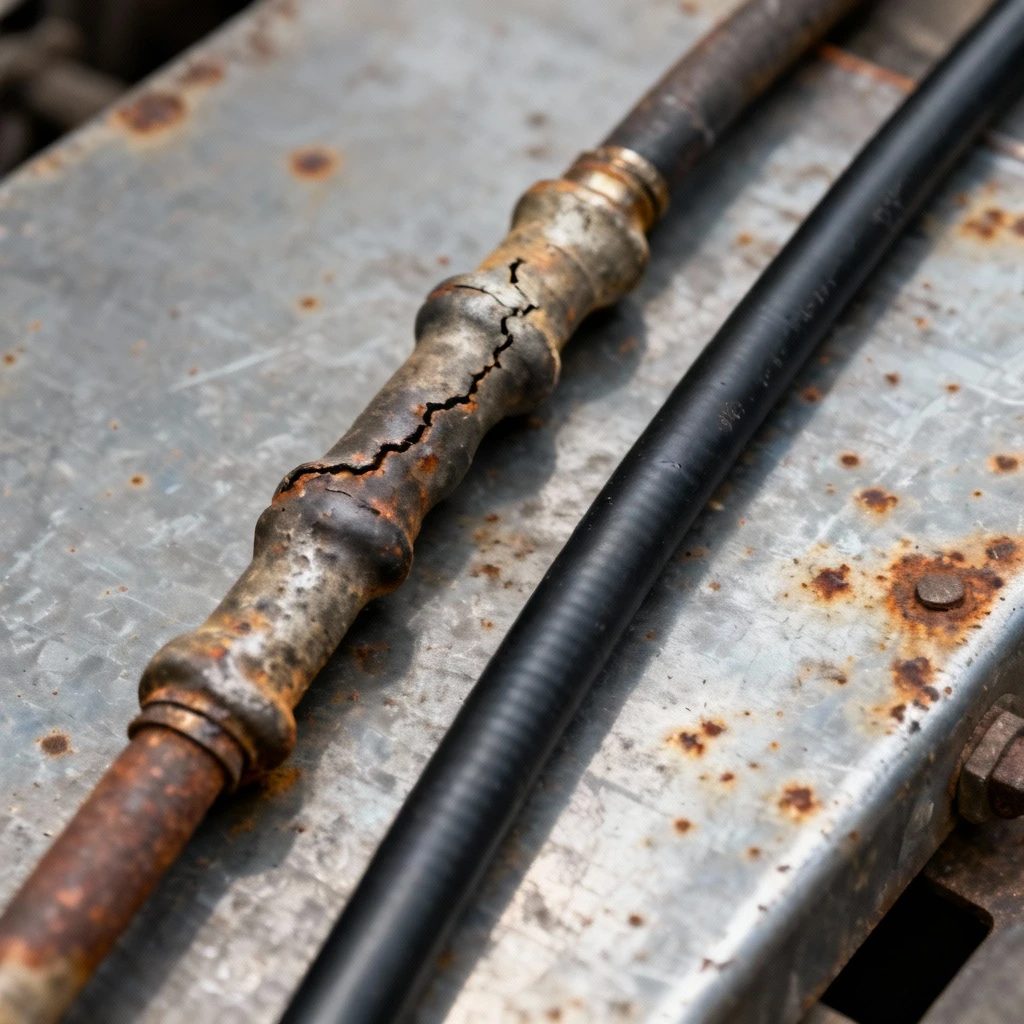 Porównanie zużytego i nowego przewodu hamulcowego: stary - skorodowany, z widocznymi wybrzuszeniami i spękaniami; nowy - czarny o jednolitej powłoce. Kadr: obie części leżą równolegle na stali zabezpieczającej.