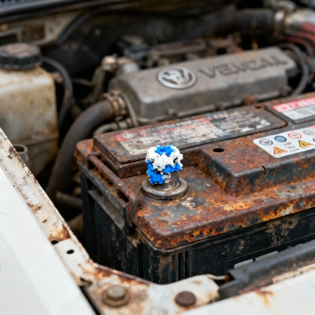 Kadr ukazujący odsłonięty akumulator samochodowy z wyraźnie widać poluzowaną i skorodowaną biało-niebieską klemasą na ujemnym biegunie. W tle mglisto widoczne elementy komory silnika bez logo marki.