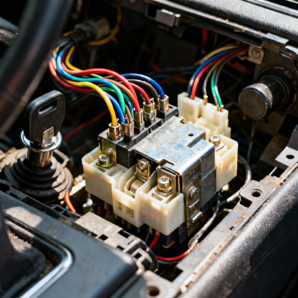 Kadr nagraniowy styczników wewnątrz elektrycznej kostki stacyjki samochodowej. Widoczne kolorowe przewody, metalowe styki i plastikowa obudowa. Ostre światło wydobywa szczegóły metalowych elementów. Wnętrze pojazdu.