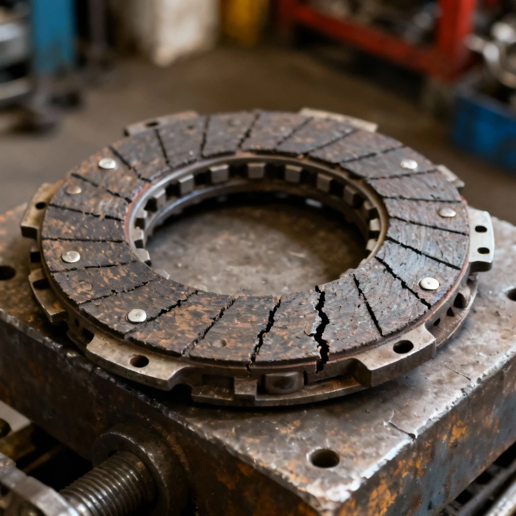 Połowa zużytej tarczy sprzęgła leżąej na warsztatowym bloku, wyraźnie widoczne ścieranie okładzin ciernych, widoczne mikropęknięcia w materiale