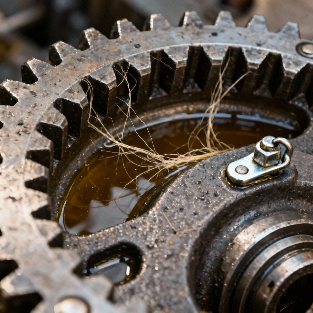 Zbliżenie na przekładnię różnicową z widocznymi luzami między zębami wieńca, ślady włókienna w oleju przekładni, metaliczny połom