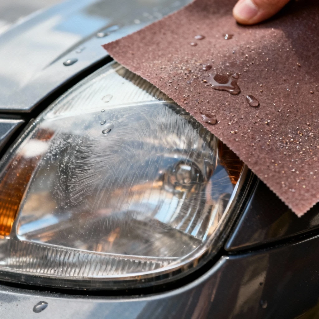 Ręczne polerowanie reflektora przy użyciu papieru ściernego stopnia 2000 na mokro, dłoń kierowcy nie jest widoczna, zoom na sam reflektor