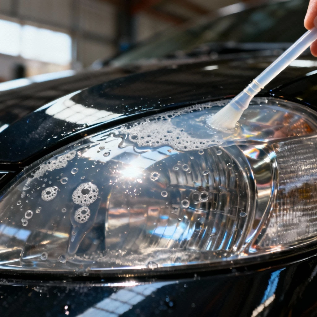 Zabezpieczanie wypolerowanego reflektora cienką warstwą preparatu UV przy pomocy sylikonowego aplikatora, reflektor intensywnie błyszczący