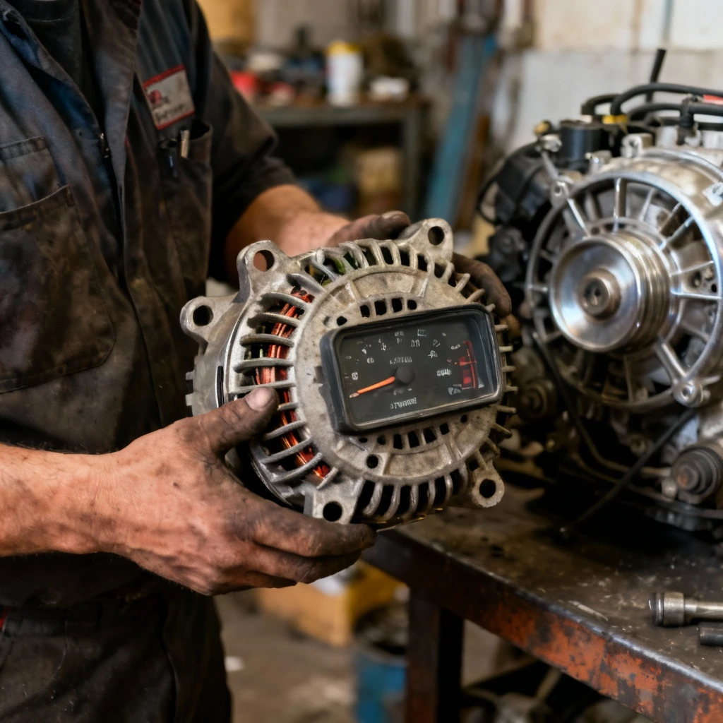 elektryk w warsztacie trzymający wyjętą deskę rozdzielczego alternatora, widocznie w tle metalowe składnik silnika samochodowego, kadr ujęty z bliskiej odległości